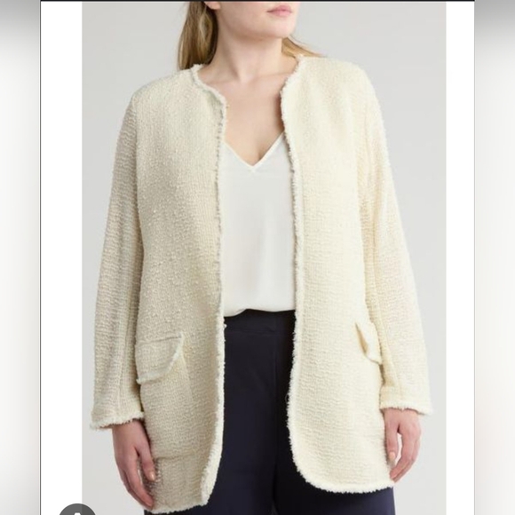 Max Studio London Frayed Trim Longline Cozy Cardigan Ivory Pockets Size 2X New - Picture 1 of 16